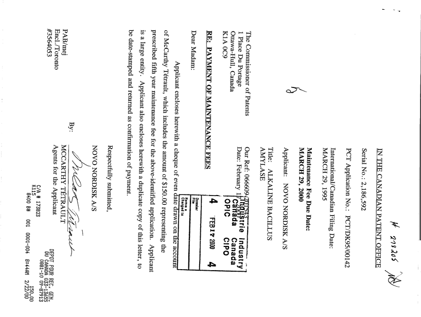 Document de brevet canadien 2186592. Taxes 20000217. Image 1 de 1