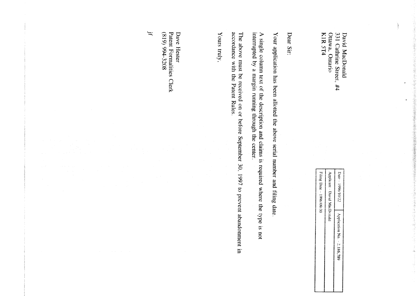 Canadian Patent Document 2186789. Correspondence 19951222. Image 1 of 12