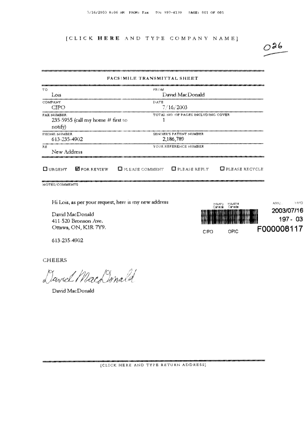 Canadian Patent Document 2186789. Correspondence 20030716. Image 1 of 1