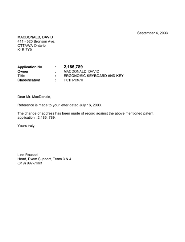 Canadian Patent Document 2186789. Correspondence 20030904. Image 1 of 1
