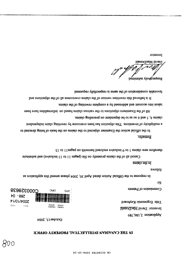 Canadian Patent Document 2186789. Prosecution-Amendment 20031214. Image 1 of 4
