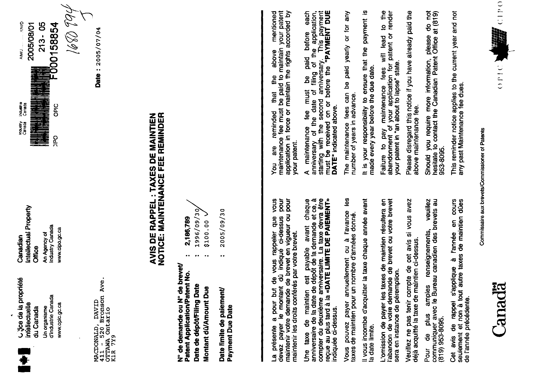 Canadian Patent Document 2186789. Fees 20041201. Image 1 of 1
