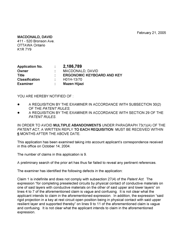 Document de brevet canadien 2186789. Poursuite-Amendment 20041221. Image 1 de 3