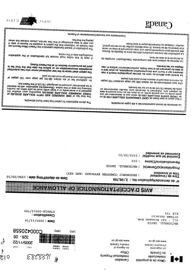 Document de brevet canadien 2186789. Correspondance 20051122. Image 1 de 1