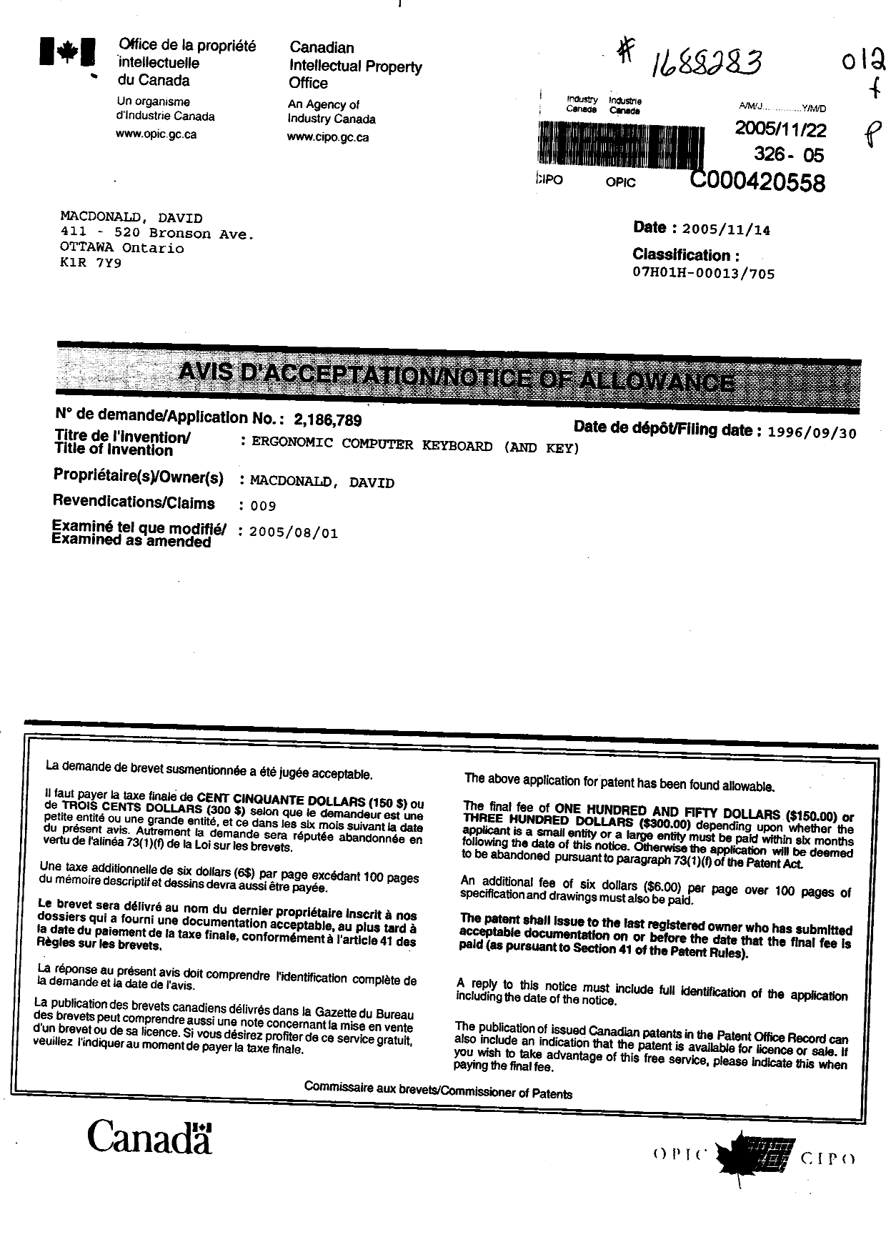 Canadian Patent Document 2186789. Correspondence 20051122. Image 1 of 1