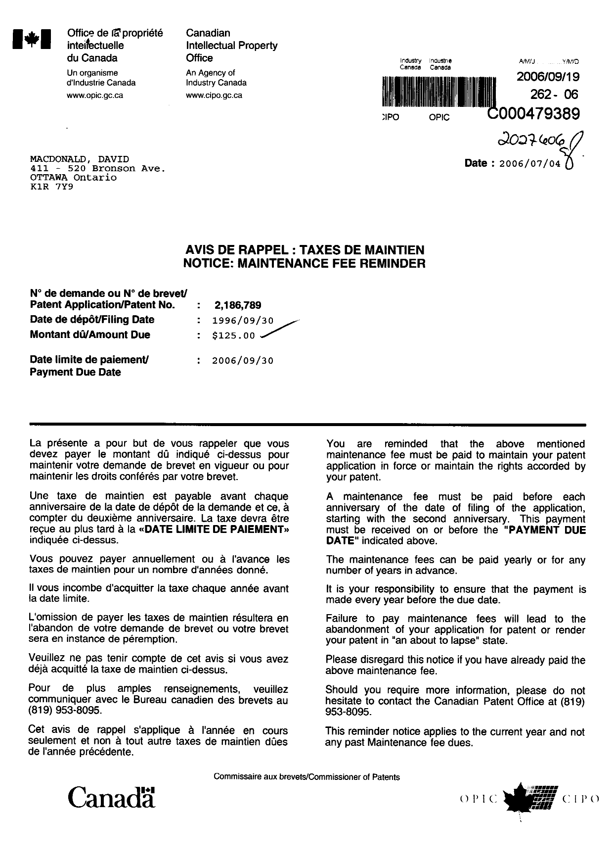 Document de brevet canadien 2186789. Taxes 20051219. Image 1 de 1