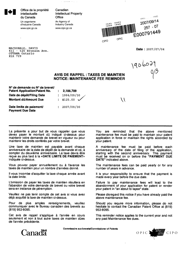 Canadian Patent Document 2186789. Fees 20070914. Image 1 of 1