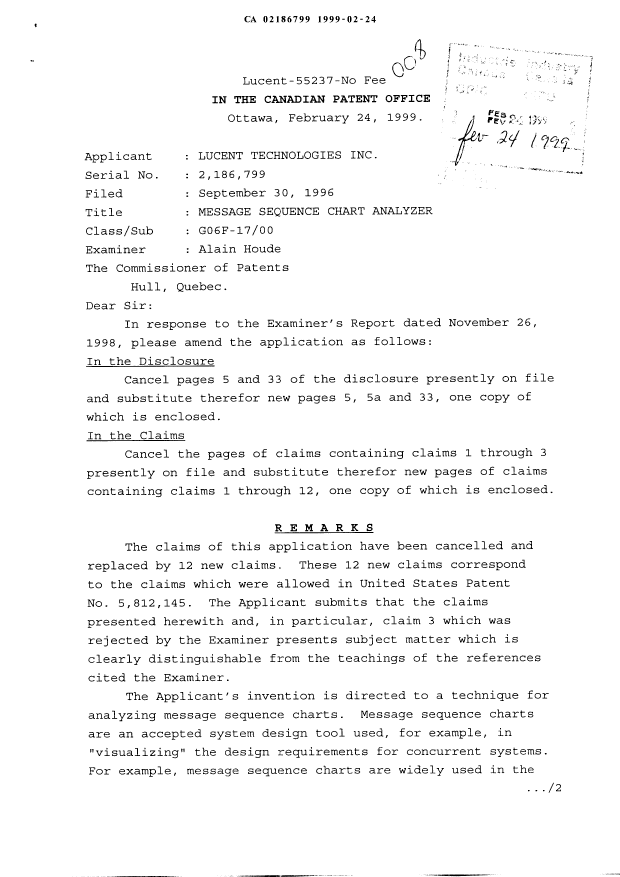 Document de brevet canadien 2186799. Poursuite-Amendment 19990224. Image 1 de 11