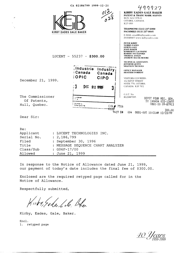 Document de brevet canadien 2186799. Correspondance 19991221. Image 1 de 2
