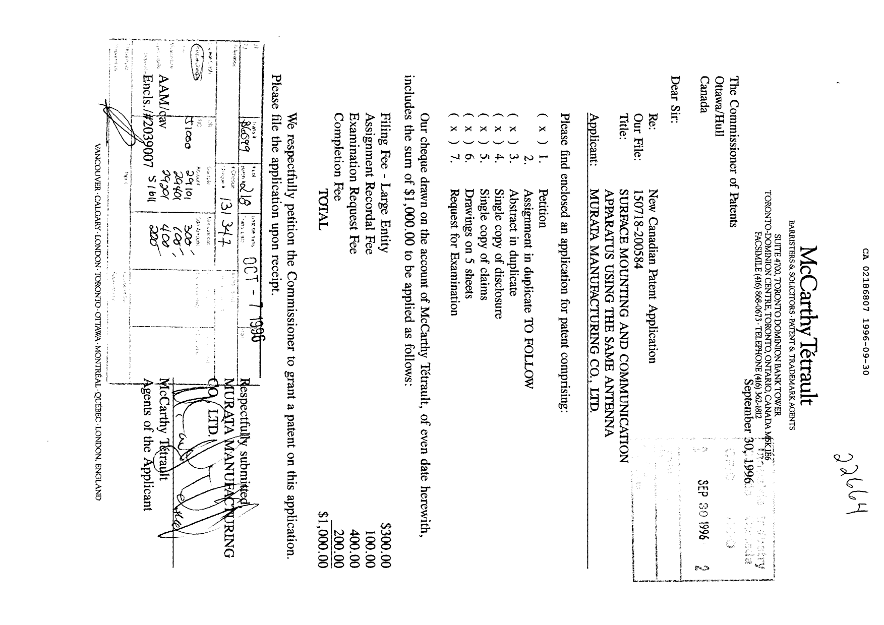 Canadian Patent Document 2186807. Assignment 19960930. Image 1 of 4