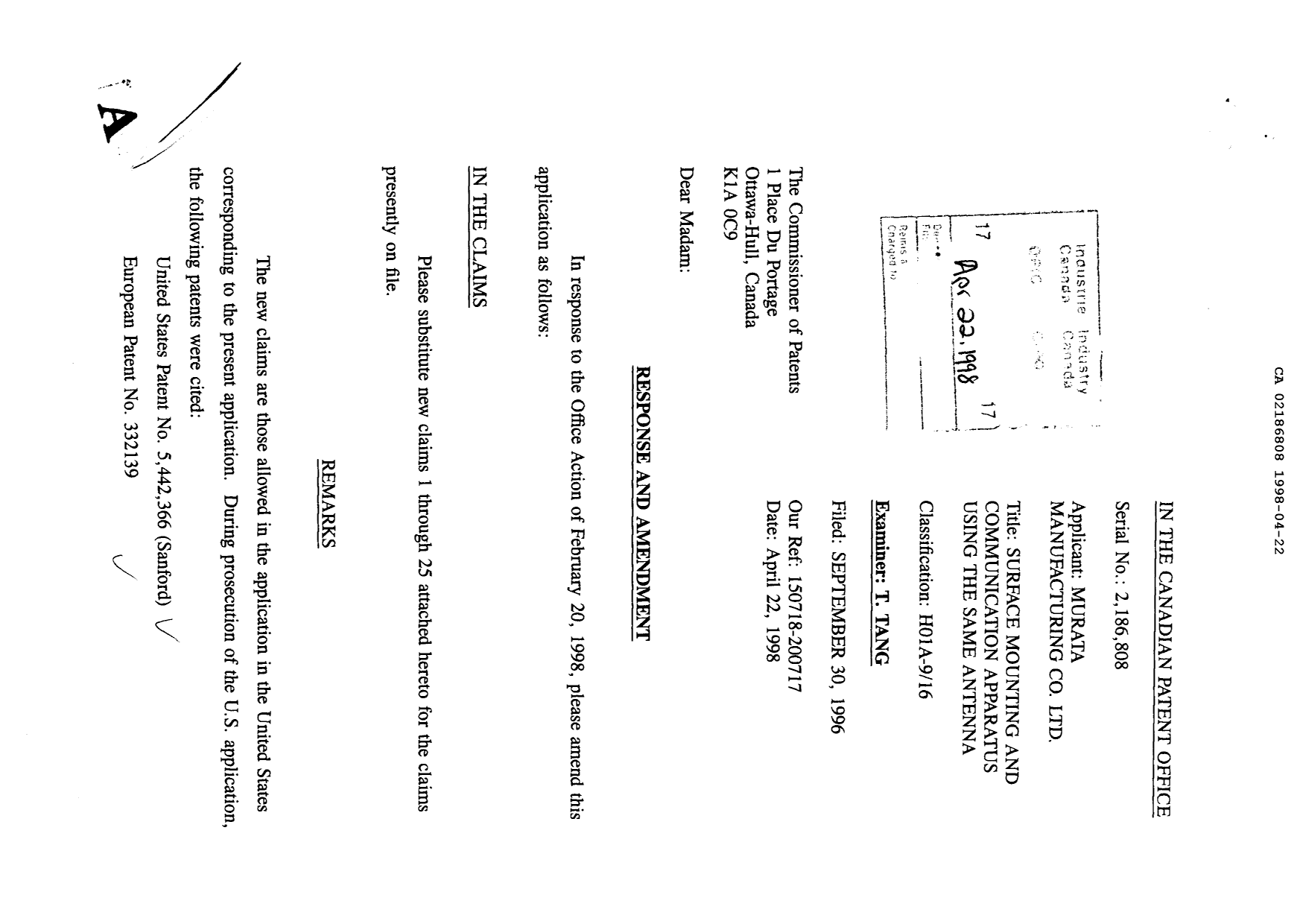 Canadian Patent Document 2186808. Prosecution-Amendment 19980422. Image 1 of 3