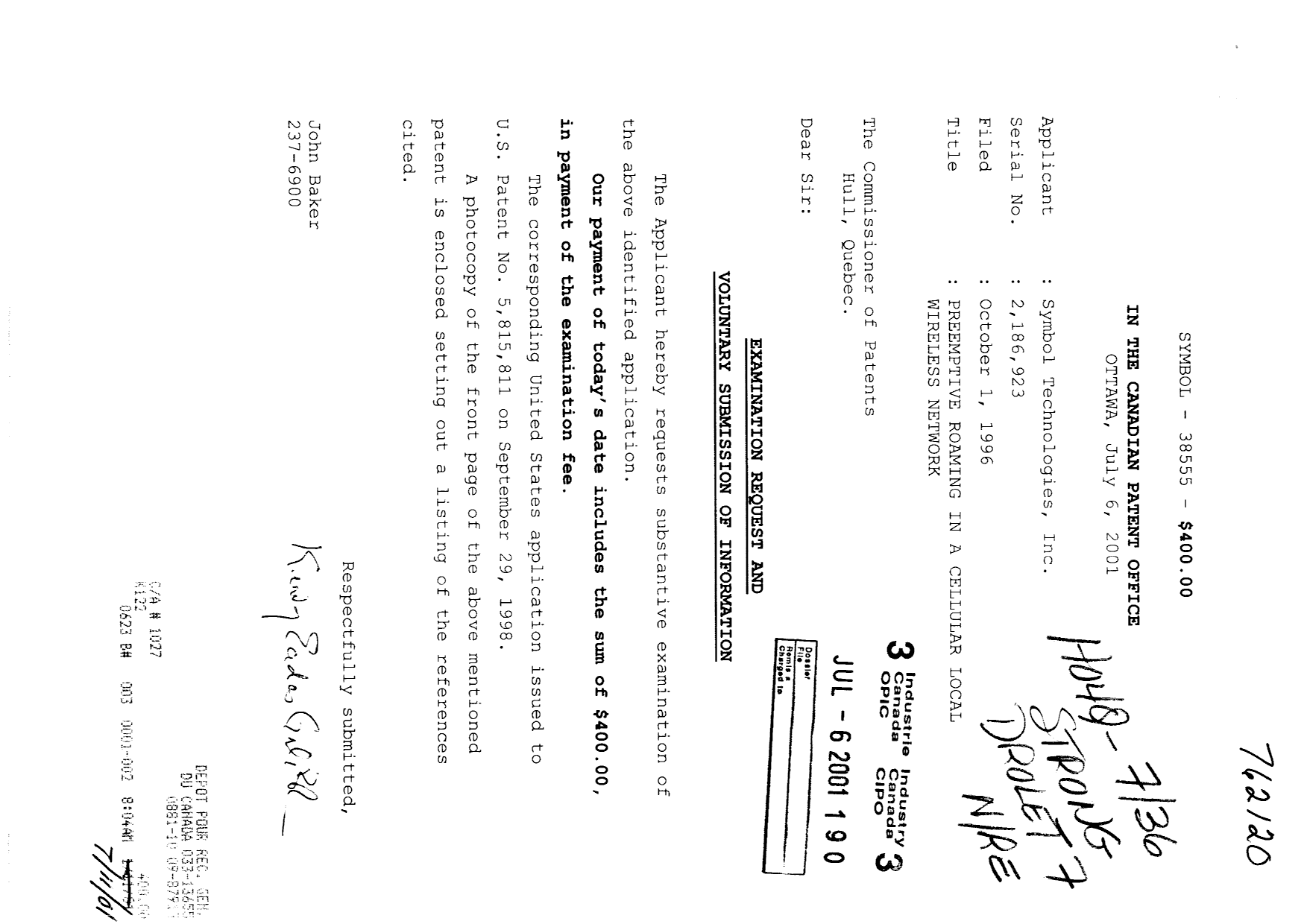 Document de brevet canadien 2186923. Poursuite-Amendment 20010706. Image 1 de 1