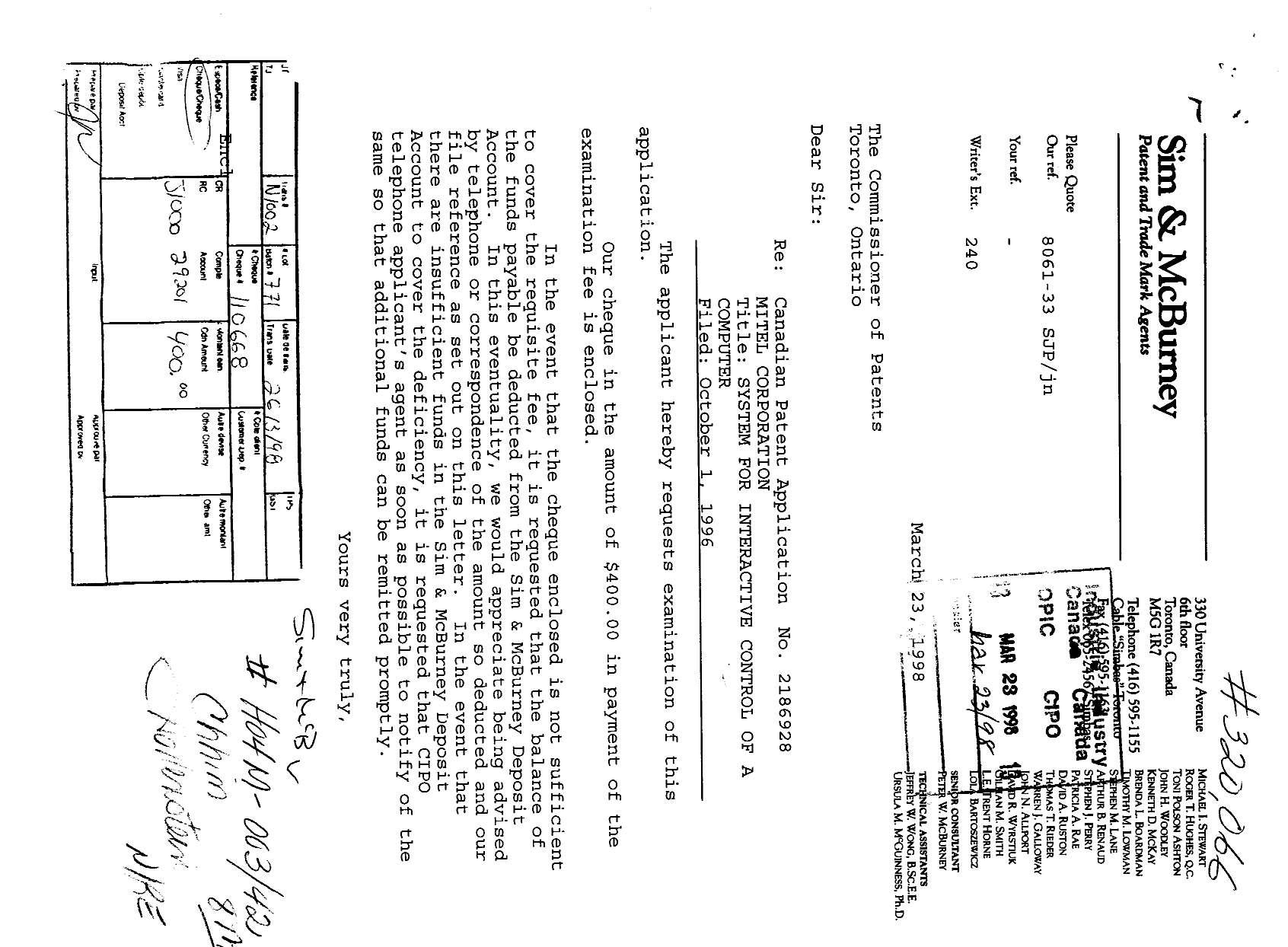 Canadian Patent Document 2186928. Prosecution-Amendment 19980323. Image 1 of 1