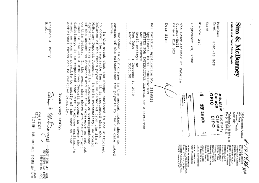 Document de brevet canadien 2186928. Taxes 20000928. Image 1 de 1