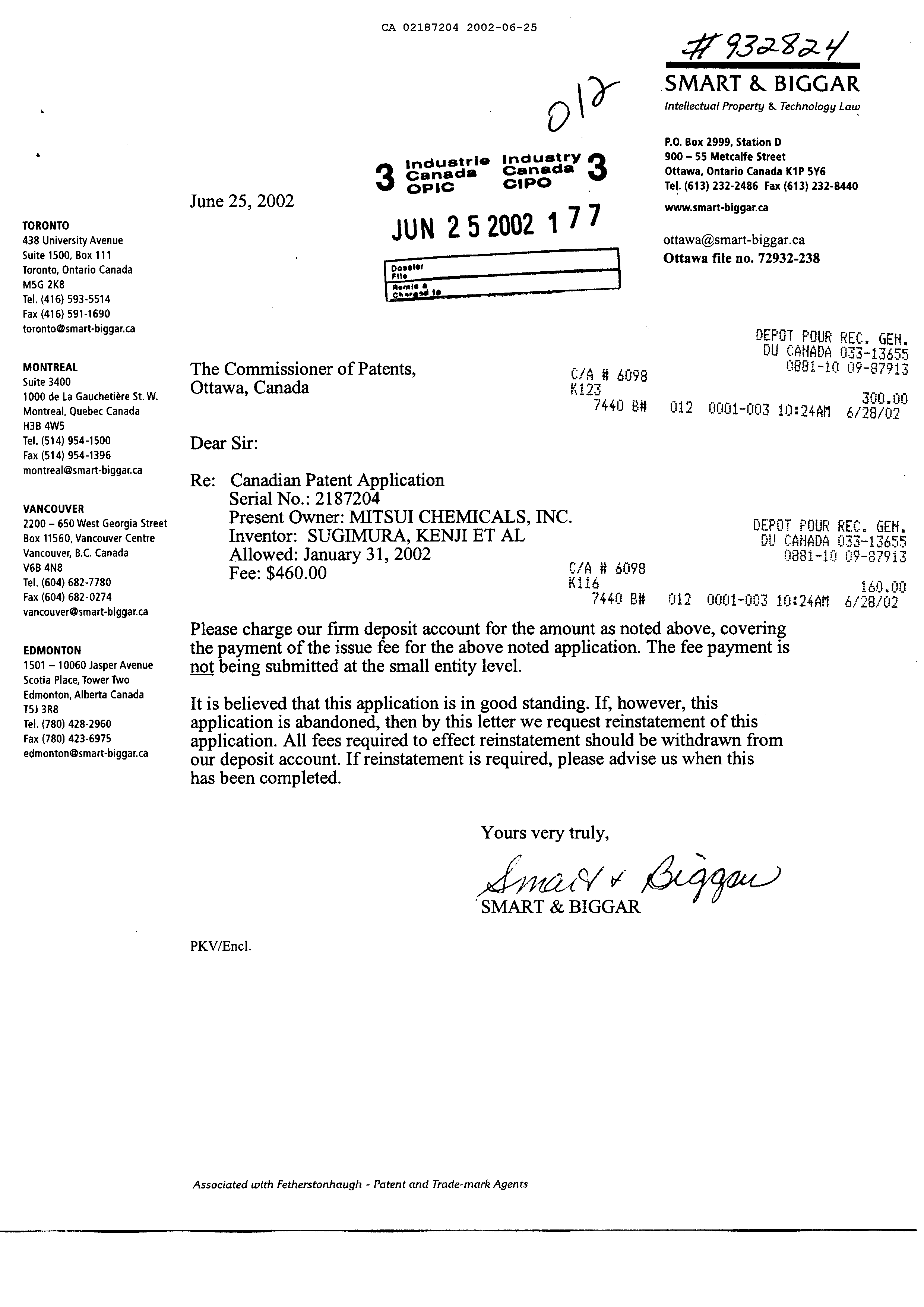 Document de brevet canadien 2187204. Correspondance 20020625. Image 1 de 1