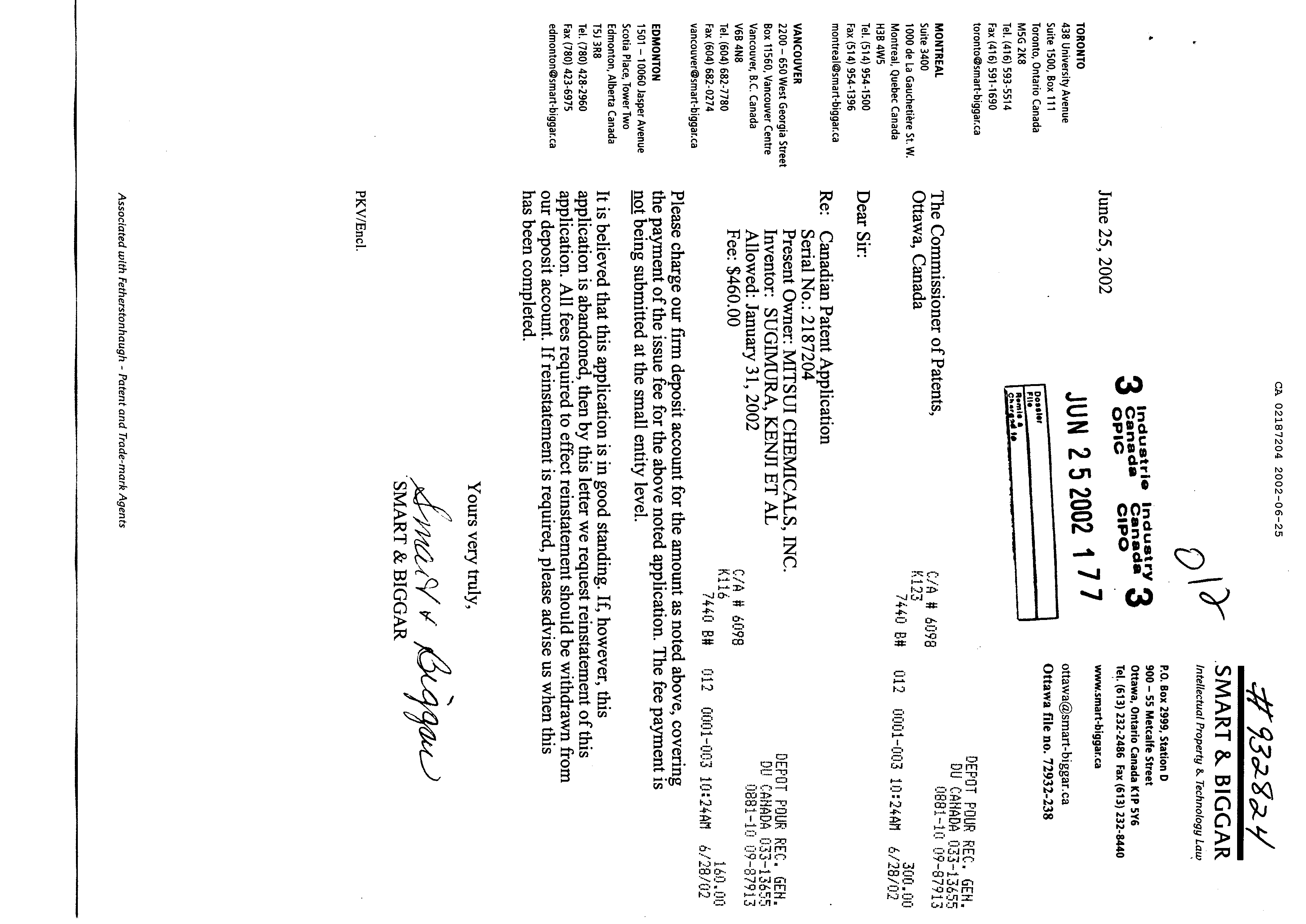 Canadian Patent Document 2187204. Correspondence 20020625. Image 1 of 1