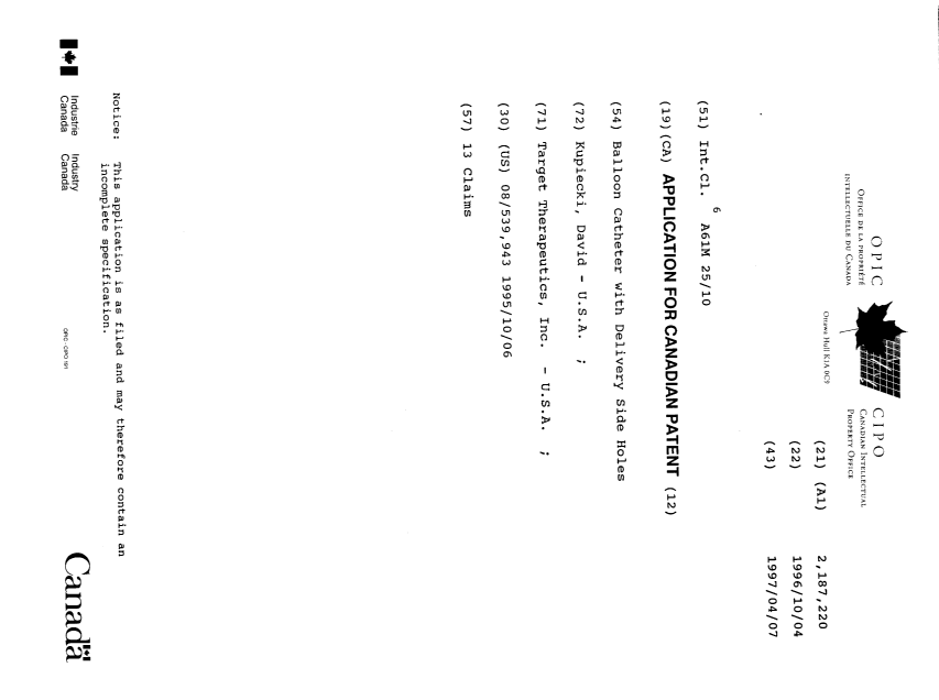 Document de brevet canadien 2187220. Page couverture 19970217. Image 1 de 1