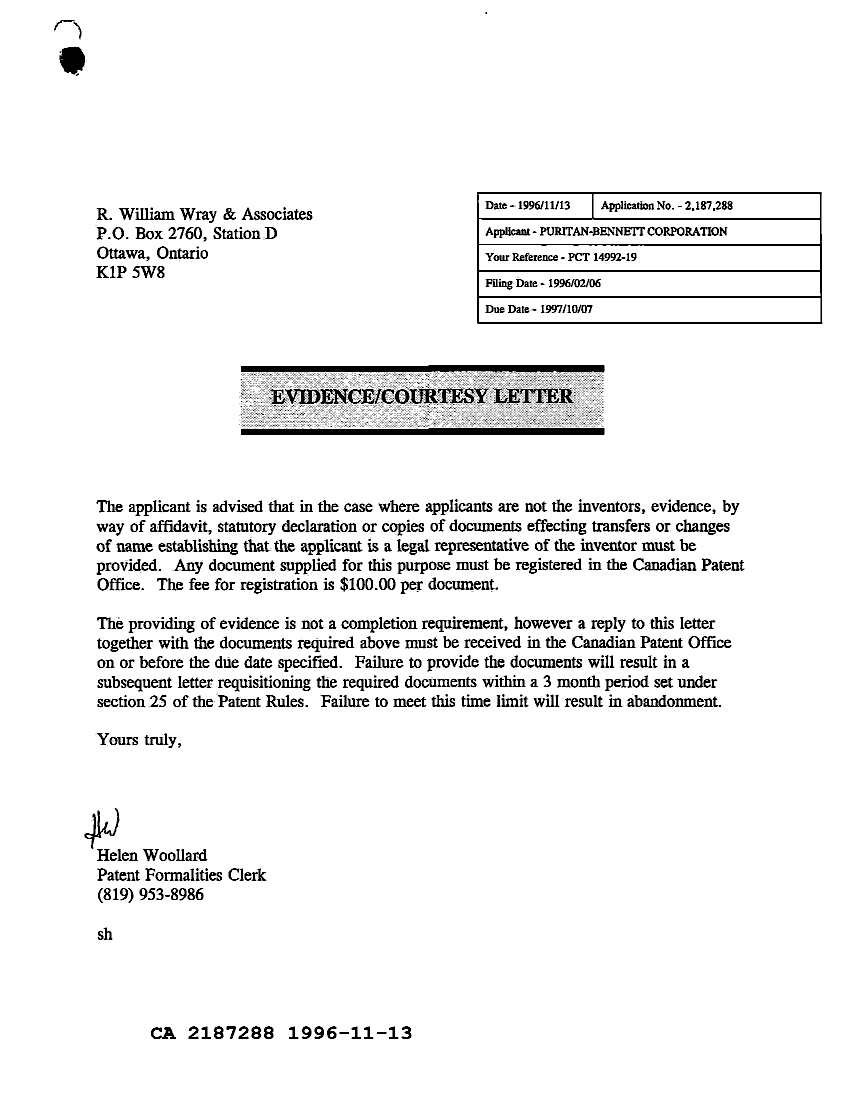 Document de brevet canadien 2187288. Lettre du bureau 19961113. Image 1 de 1