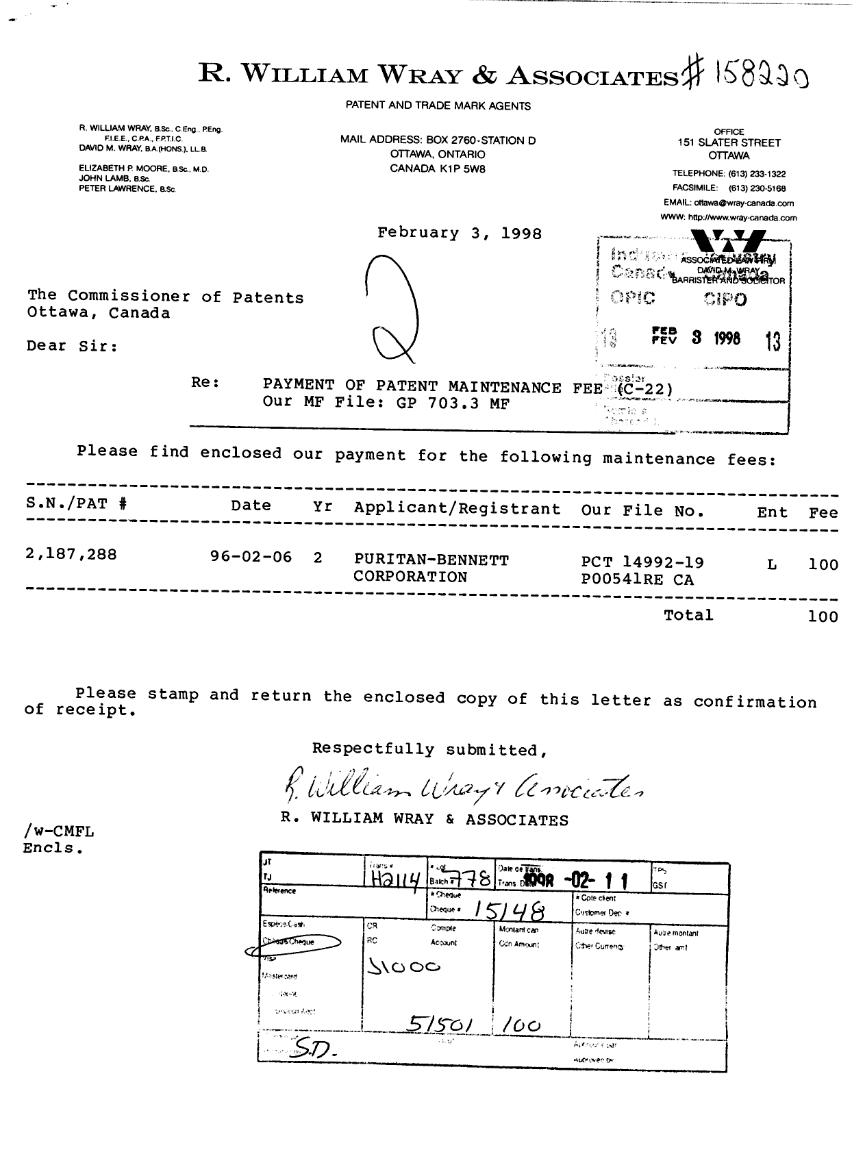 Document de brevet canadien 2187288. Taxes 19980203. Image 1 de 1