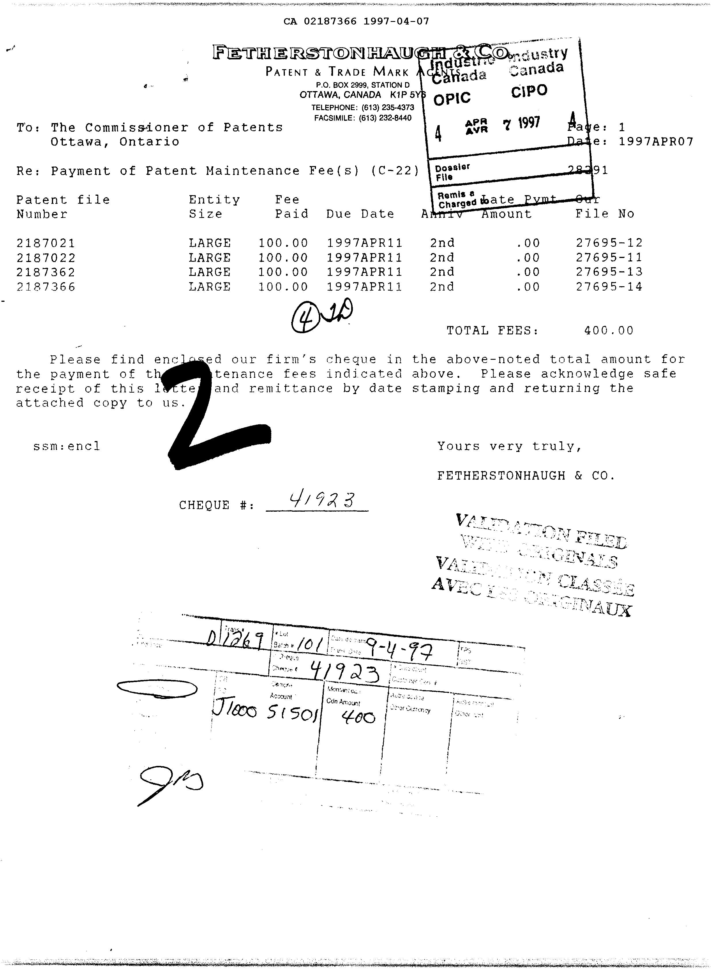 Document de brevet canadien 2187366. Taxes 19961207. Image 1 de 1