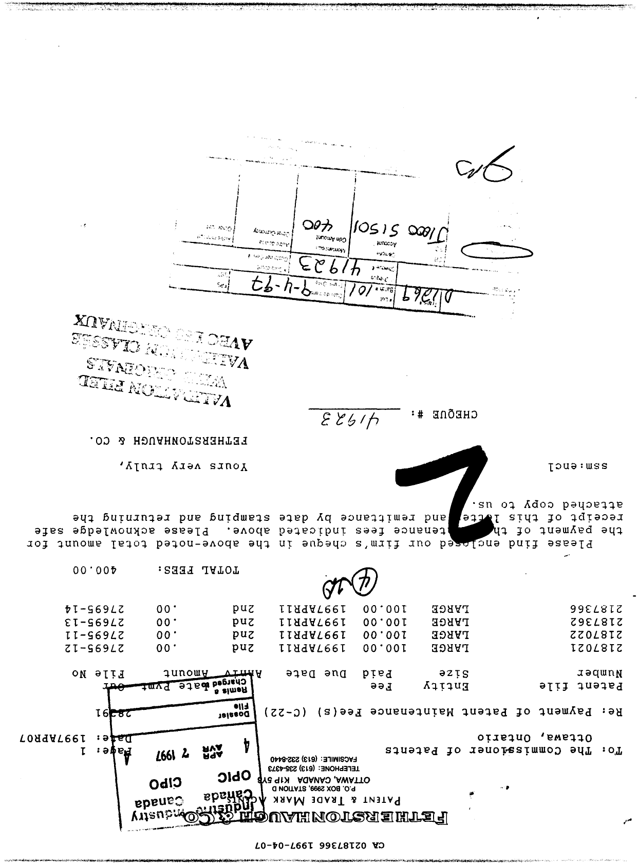 Canadian Patent Document 2187366. Fees 19961207. Image 1 of 1