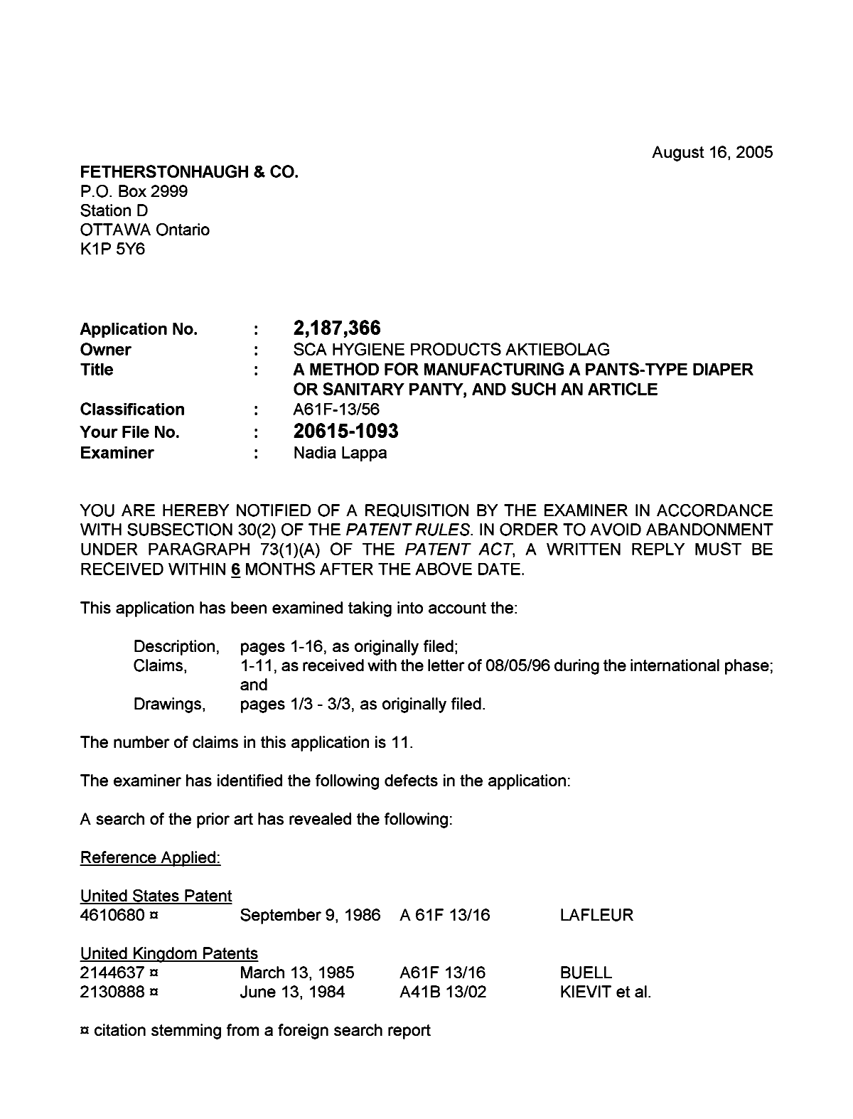 Canadian Patent Document 2187366. Prosecution-Amendment 20050816. Image 1 of 2