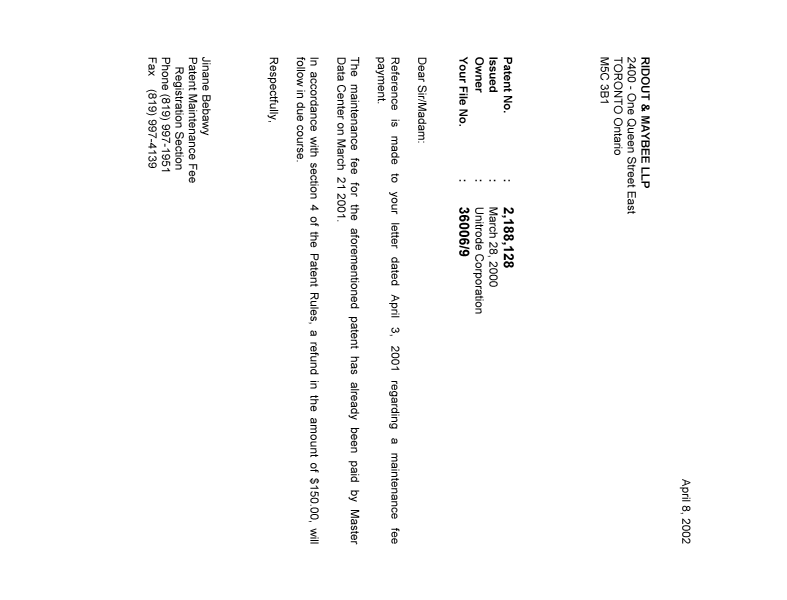 Document de brevet canadien 2188128. Correspondance 20020408. Image 1 de 1