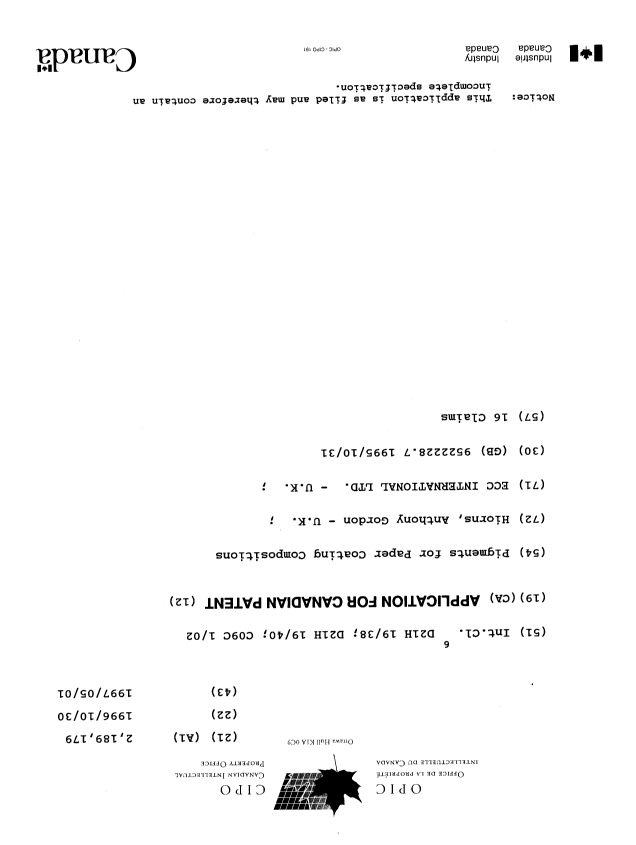 Canadian Patent Document 2189179. Cover Page 19980707. Image 1 of 1