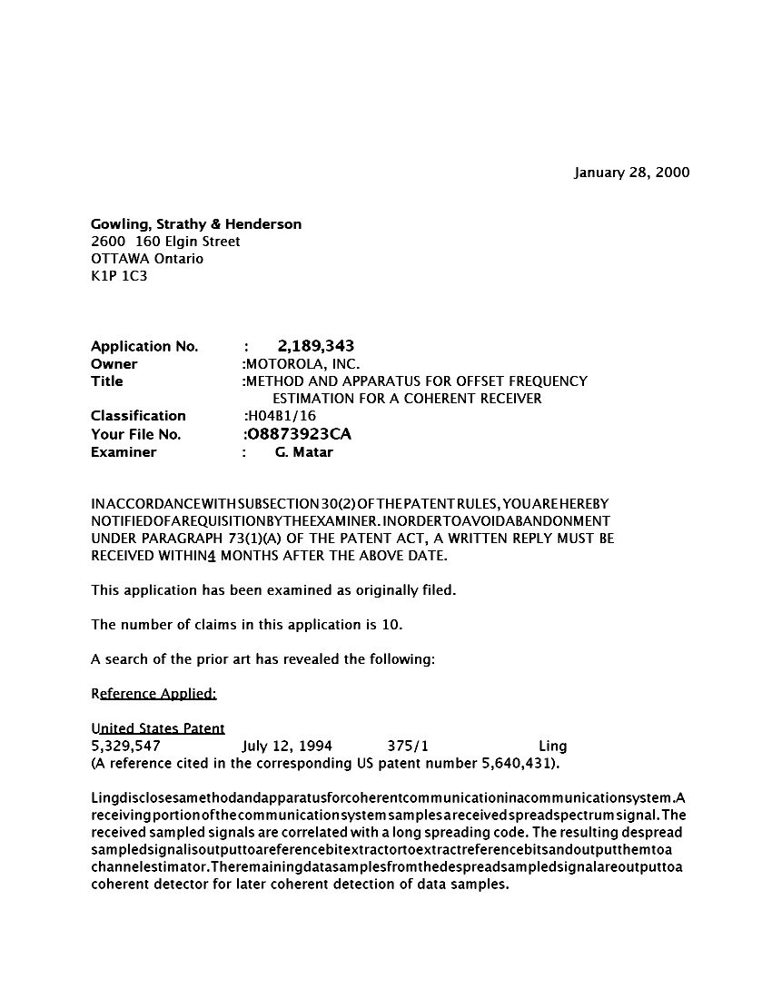 Document de brevet canadien 2189343. Poursuite-Amendment 20000128. Image 1 de 2