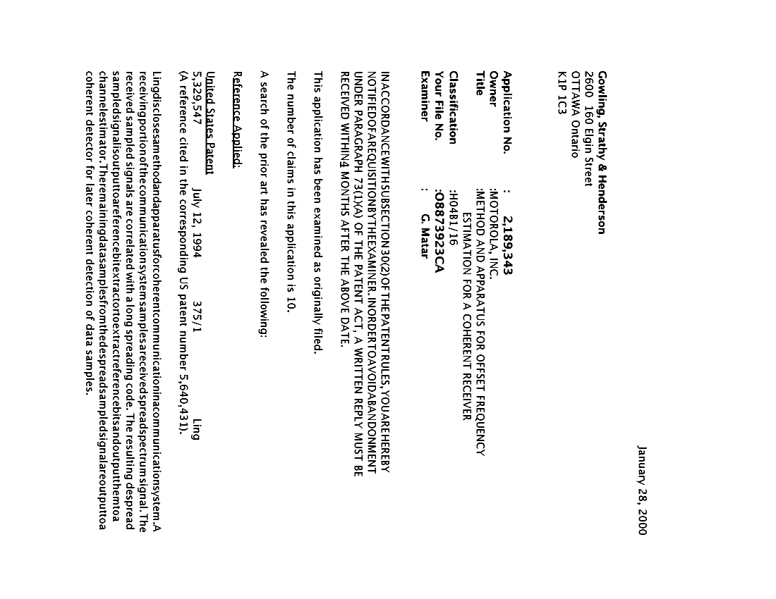 Canadian Patent Document 2189343. Prosecution-Amendment 20000128. Image 1 of 2