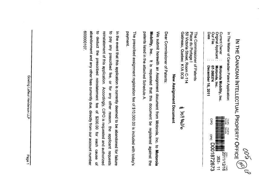 Document de brevet canadien 2189343. Cession 20111216. Image 1 de 8