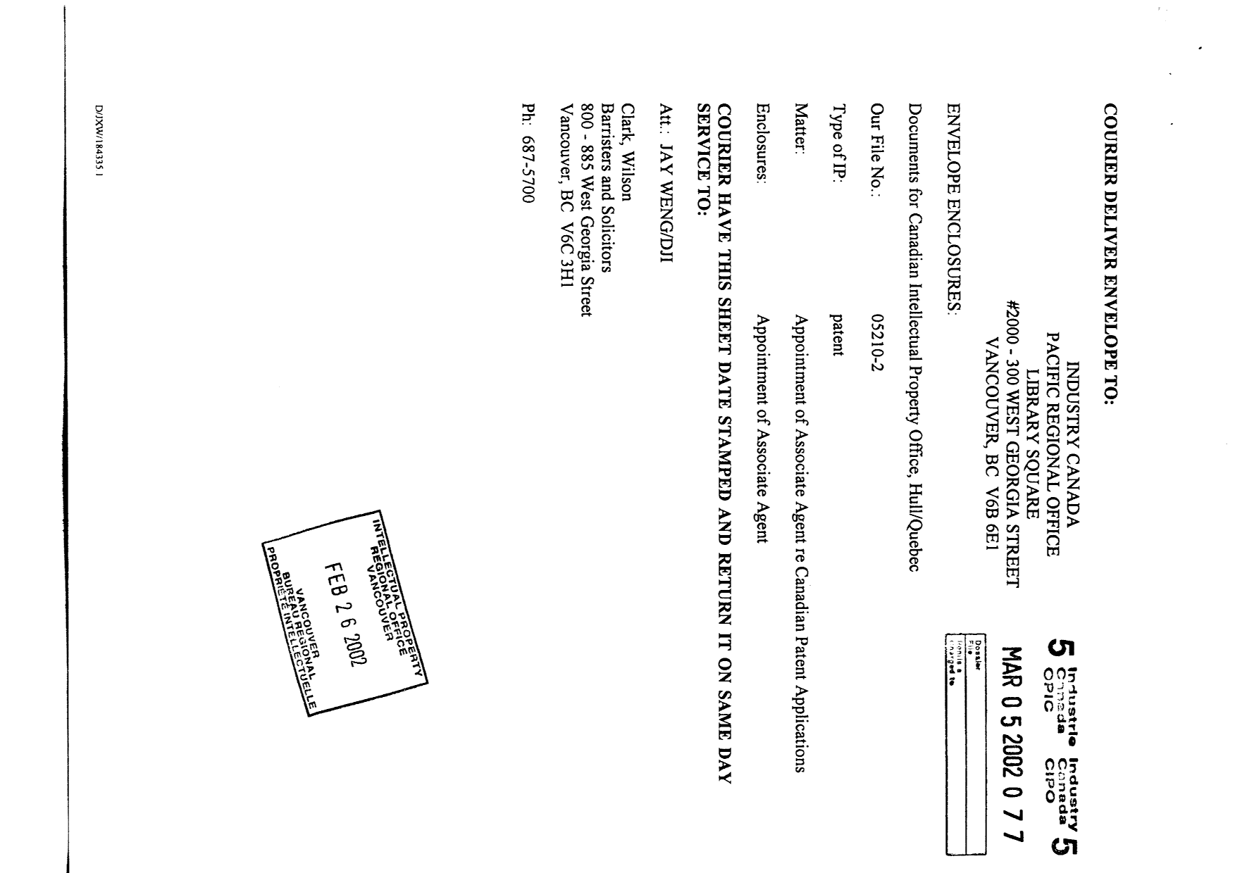 Document de brevet canadien 2189378. Correspondance 20011205. Image 2 de 8