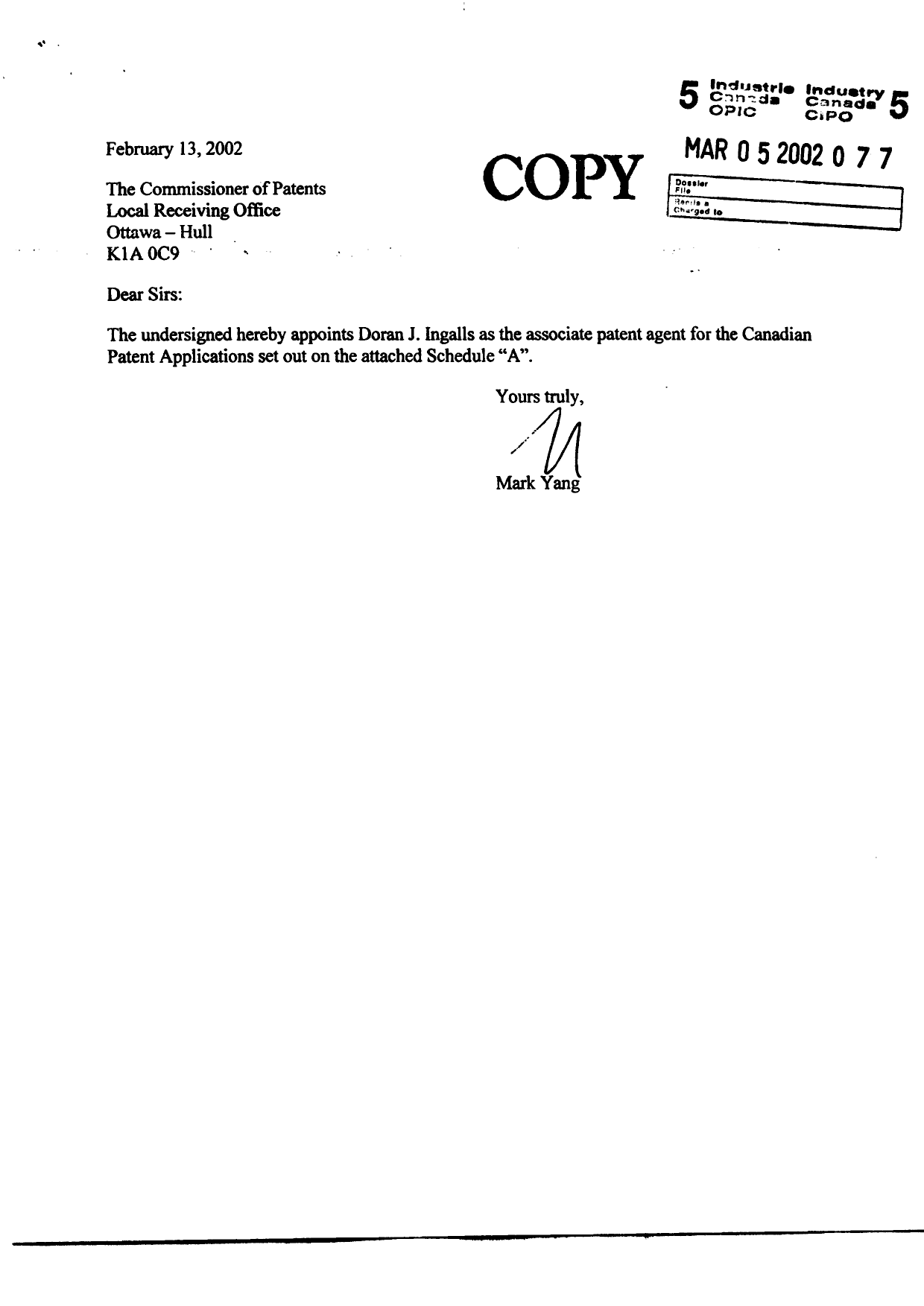 Document de brevet canadien 2189378. Correspondance 20011205. Image 3 de 8