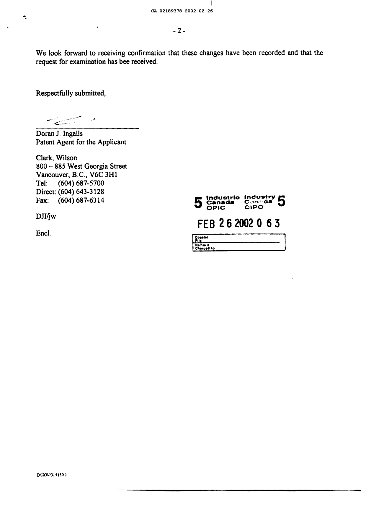 Document de brevet canadien 2189378. Poursuite-Amendment 20011226. Image 2 de 8