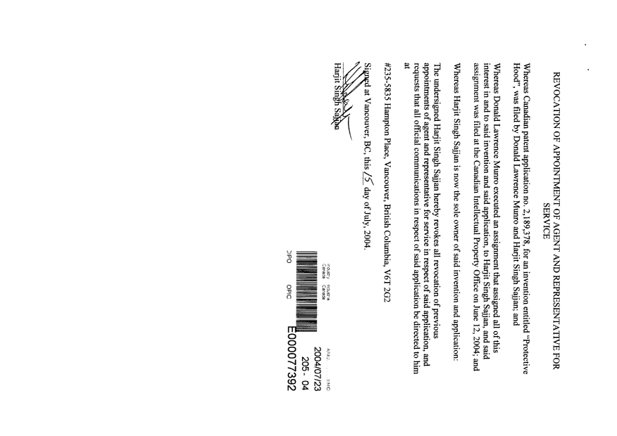 Document de brevet canadien 2189378. Correspondance 20031223. Image 3 de 3