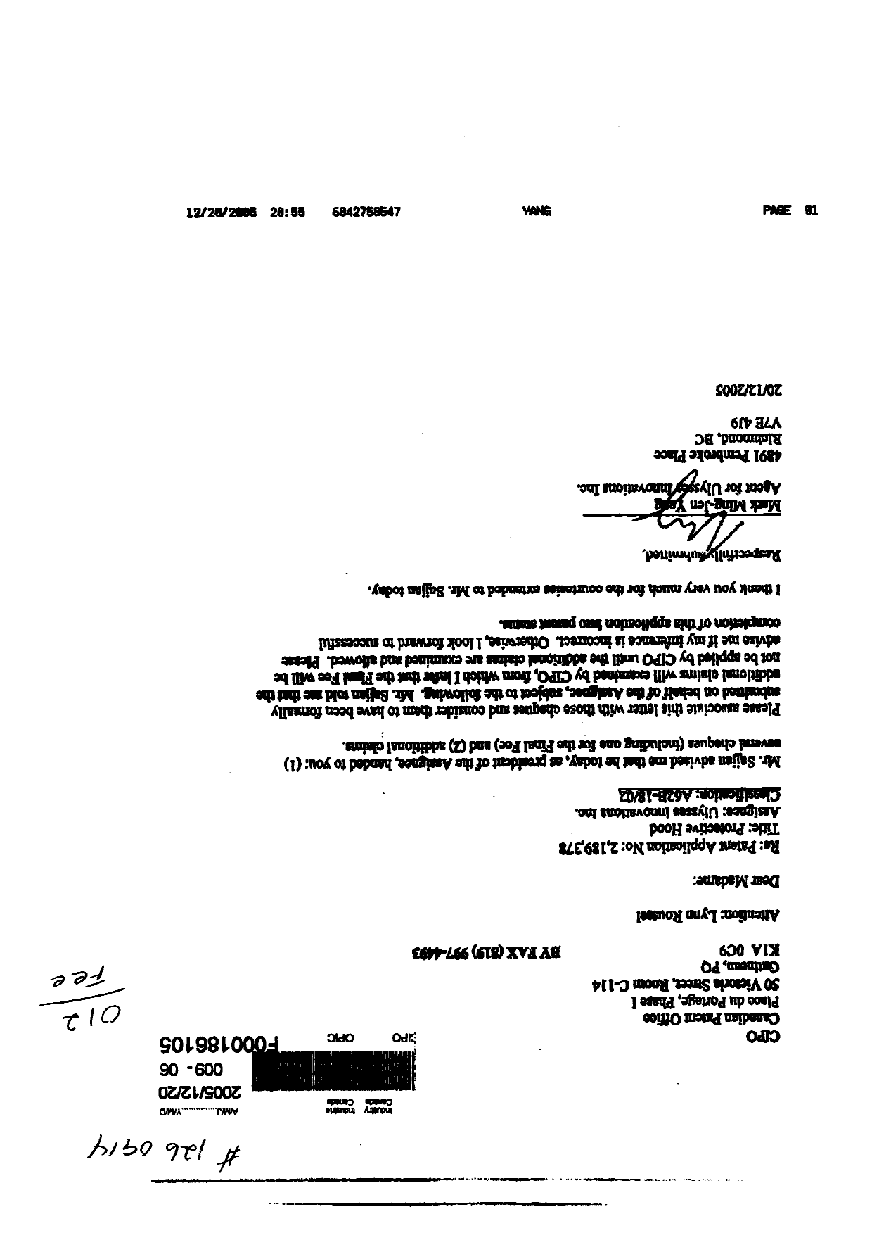 Document de brevet canadien 2189378. Correspondance 20041220. Image 1 de 2