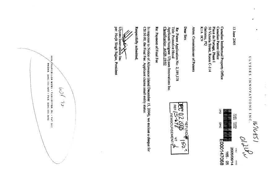 Canadian Patent Document 2189378. Correspondence 20041225. Image 2 of 3