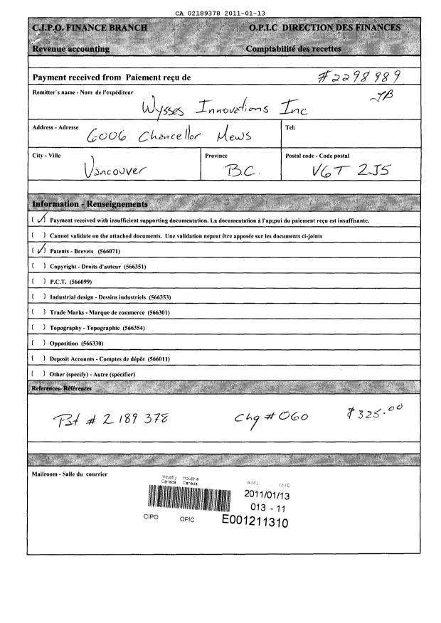 Document de brevet canadien 2189378. Taxes 20101213. Image 1 de 1