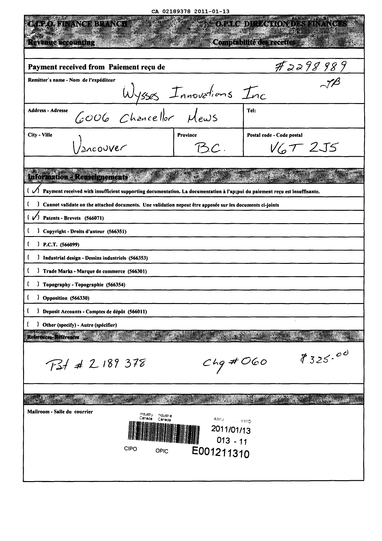 Document de brevet canadien 2189378. Taxes 20101213. Image 1 de 1