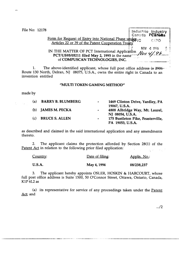 Document de brevet canadien 2189532. Cession 19961104. Image 2 de 10