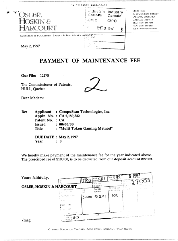 Document de brevet canadien 2189532. Taxes 19970502. Image 1 de 1