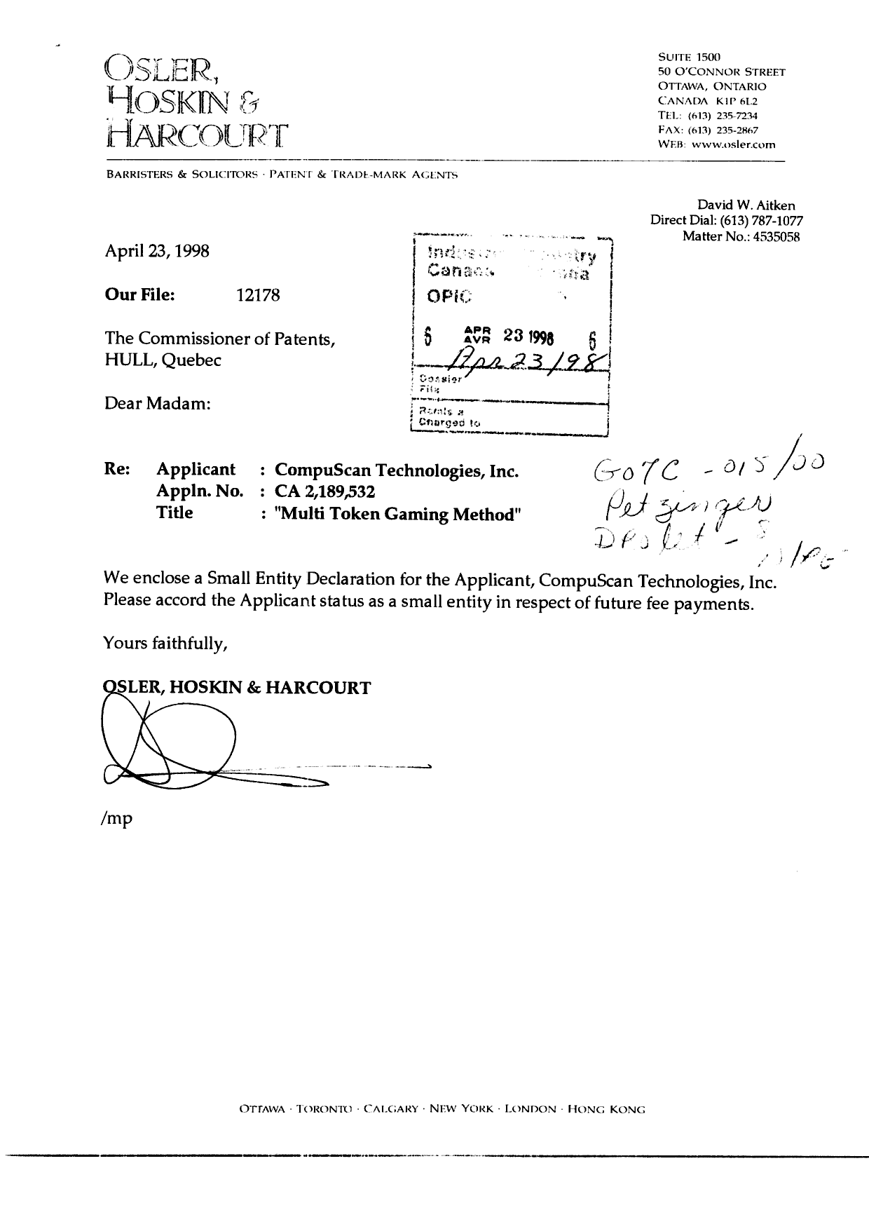 Document de brevet canadien 2189532. Correspondance 19980423. Image 1 de 2