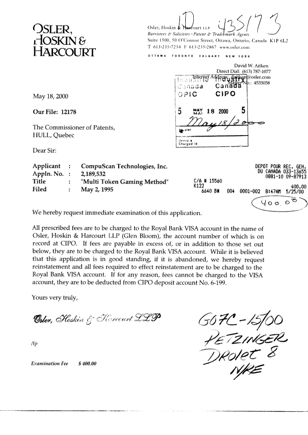 Canadian Patent Document 2189532. Prosecution-Amendment 20000518. Image 1 of 1