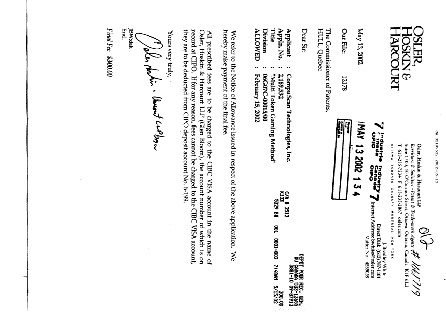 Document de brevet canadien 2189532. Correspondance 20020513. Image 1 de 1