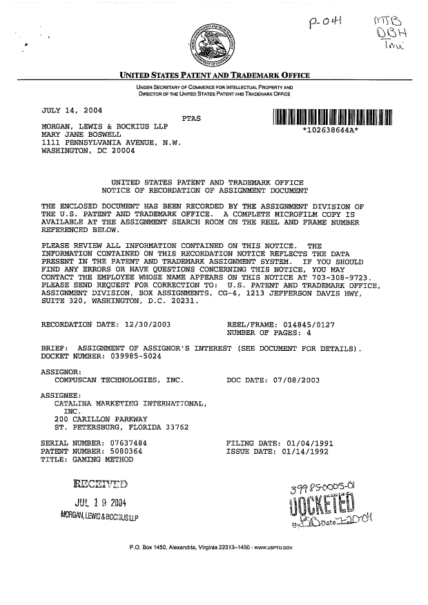 Document de brevet canadien 2189532. Cession 20051019. Image 2 de 7