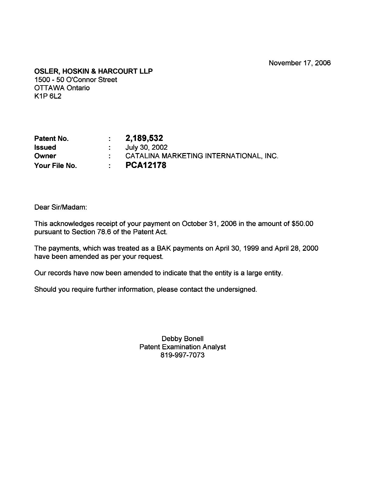 Document de brevet canadien 2189532. Correspondance 20061117. Image 1 de 1