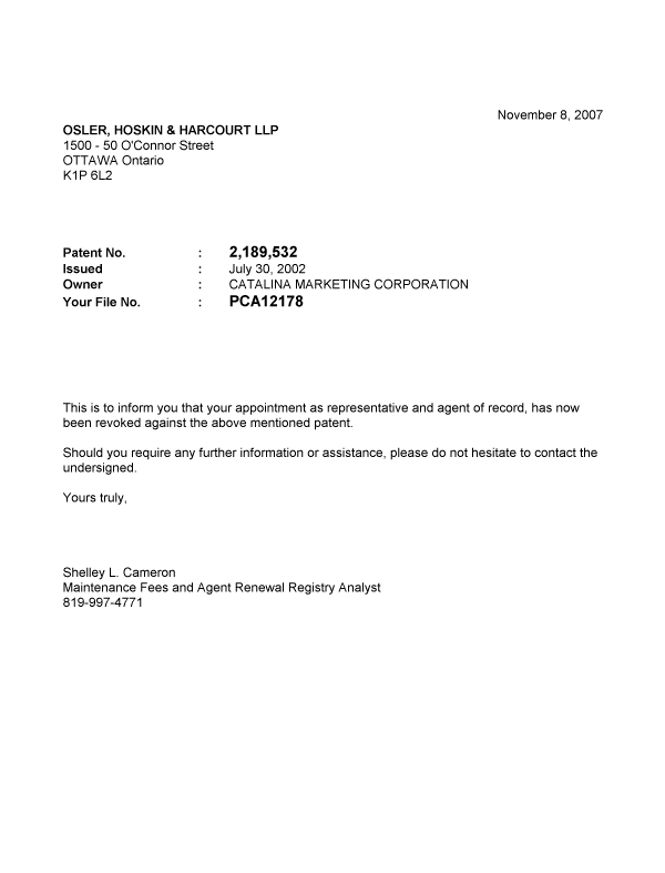 Canadian Patent Document 2189532. Correspondence 20071108. Image 1 of 1