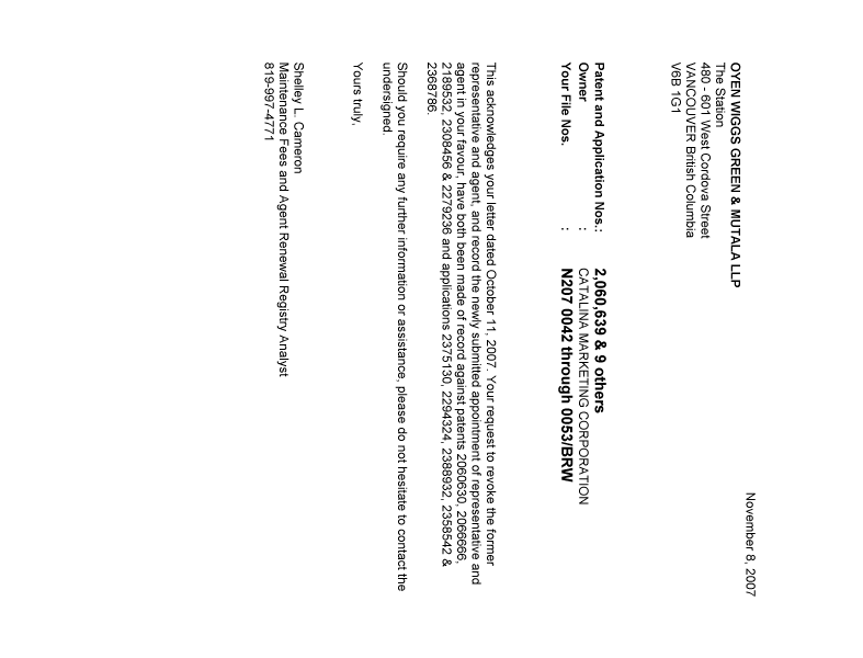 Document de brevet canadien 2189532. Correspondance 20071108. Image 1 de 1