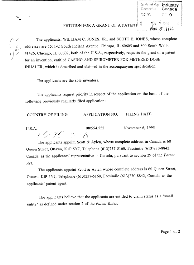 Document de brevet canadien 2189683. Cession 19961105. Image 2 de 4