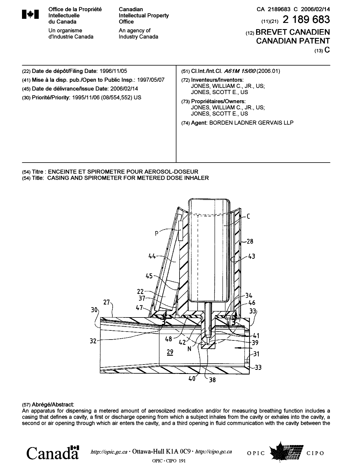 Document de brevet canadien 2189683. Page couverture 20060110. Image 1 de 2